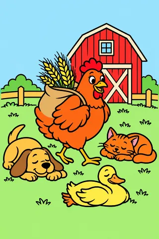 Little Red Hen on the Farm coloring page, colored in