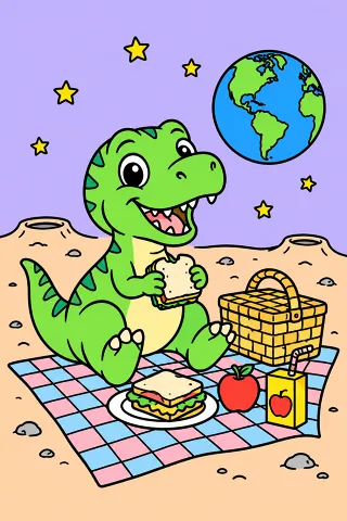 Baby Dinosaur Picnic on the Moon coloring page, colored in