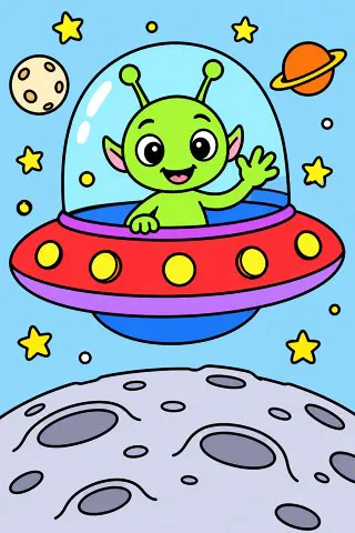 Friendly Alien in a Flying Saucer coloring page, colored in