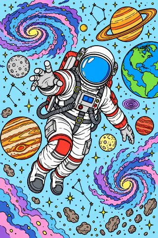 Astronaut Among the Stars coloring page, colored in