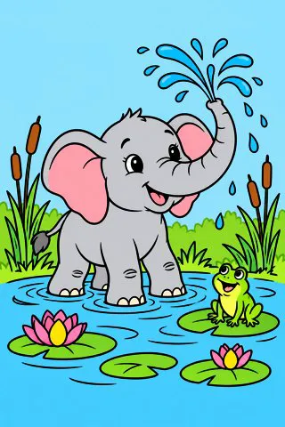 Baby Elephant Splashing in a Pond coloring page, colored in