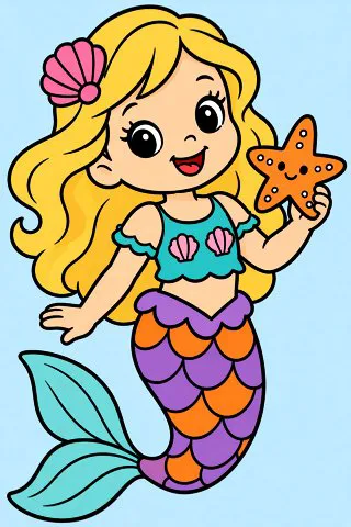 Baby Mermaid with a Starfish coloring page, colored in