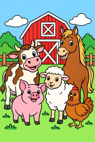 Barnyard Friends coloring page, colored in