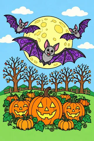Bats Under the Full Moon coloring page, colored in