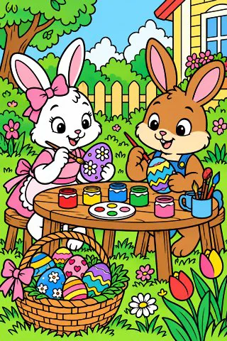 Bunnies Painting Easter Eggs coloring page, colored in