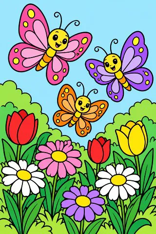 Butterflies in a Flower Garden coloring page, colored in