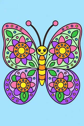 Butterfly Mandala coloring page, colored in