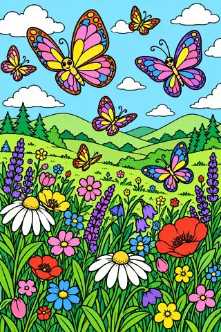 Butterflies over a Wildflower Meadow coloring page, colored in