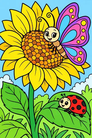 Butterfly on a Sunflower coloring page, colored in