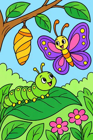 Caterpillar and Butterfly coloring page, colored in