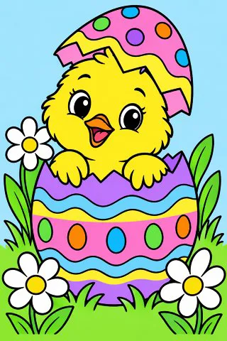 Baby Chick Hatching from an Easter Egg coloring page, colored in
