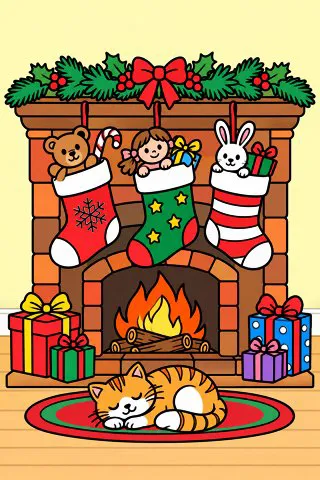 Christmas Stockings by the Fireplace coloring page, colored in