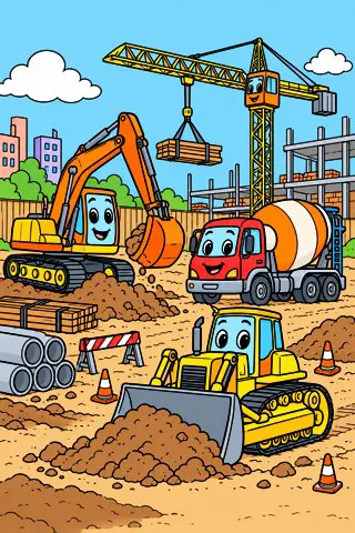 Diggers at a Construction Site coloring page, colored in