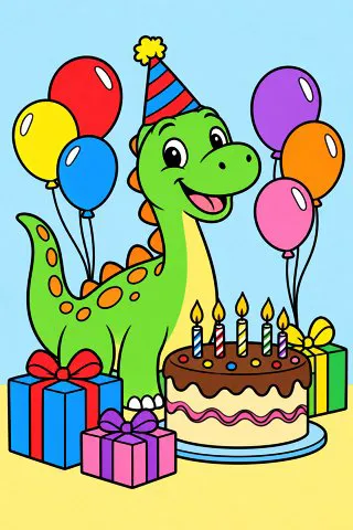 Dinosaur Birthday Party coloring page, colored in