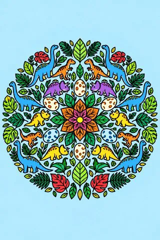Dinosaur Mandala coloring page, colored in