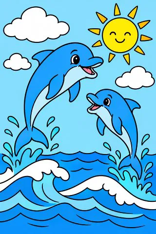 Dolphins Jumping over the Waves coloring page, colored in