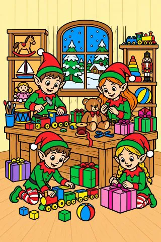 Elves in Santa’s Workshop coloring page, colored in