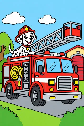Fire Truck with a Ladder coloring page, colored in