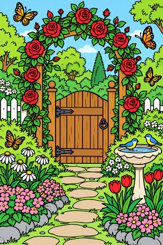 Flower Garden Gate coloring page, colored in