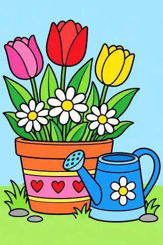 Flowers in a Pot coloring page, colored in