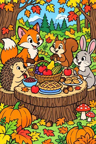 Forest Animals Sharing a Harvest Feast coloring page, colored in