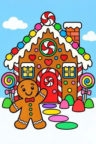 Gingerbread House coloring page, colored in