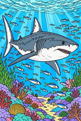 Great White Shark coloring page, colored in