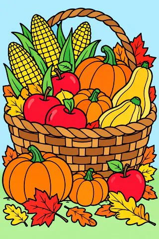 Harvest Basket with Corn and Apples coloring page, colored in