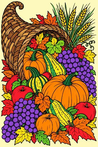 Cornucopia Harvest coloring page, colored in