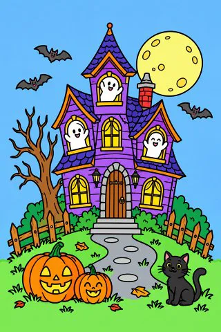 Friendly Haunted House coloring page, colored in
