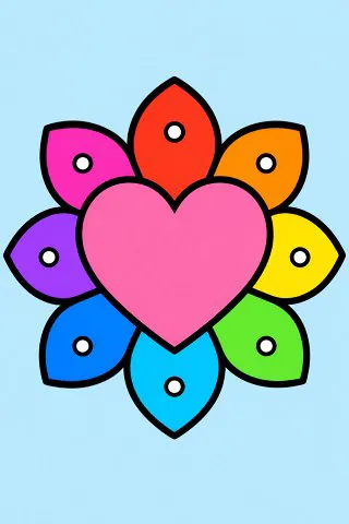 Simple Heart Mandala coloring page, colored in