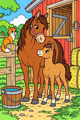 Horse and Foal at the Stable coloring page, colored in