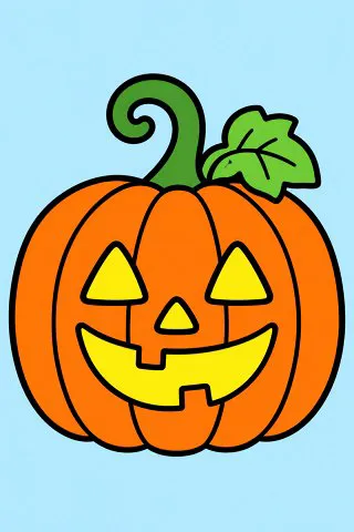 Smiling Jack-o’-Lantern coloring page, colored in