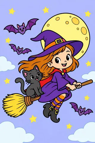 Little Witch on a Broom coloring page, colored in