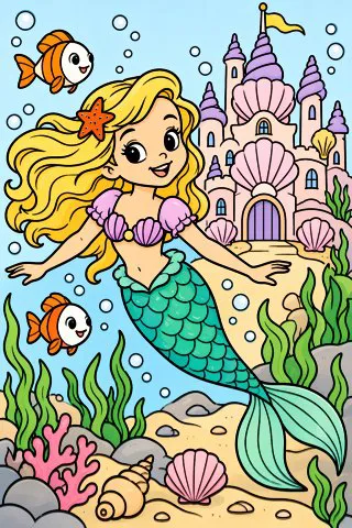 Mermaid and Her Seashell Castle coloring page, colored in