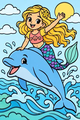 Mermaid Riding a Dolphin coloring page, colored in