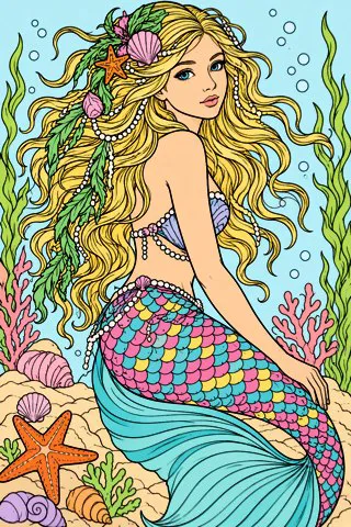 Mermaid with Flowing Hair coloring page, colored in