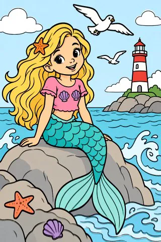 Mermaid on a Rock by the Sea coloring page, colored in