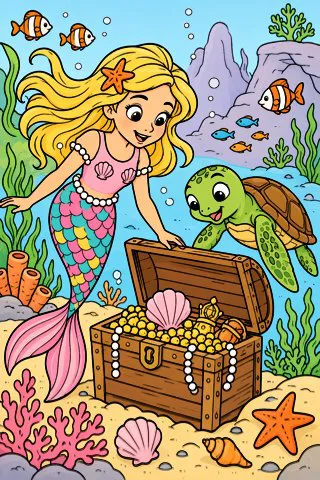 Mermaid and the Treasure Chest coloring page, colored in