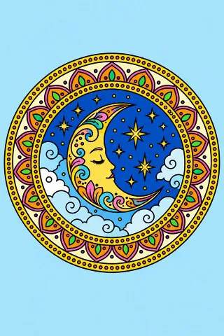 Moon and Stars Mandala coloring page, colored in