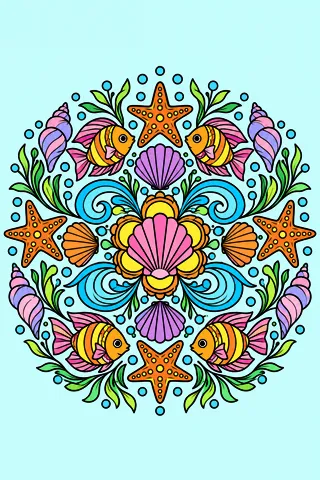Ocean Mandala coloring page, colored in