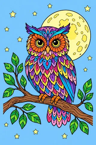 Owl on a Branch coloring page, colored in