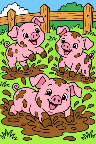 Piglets Playing in the Mud coloring page, colored in