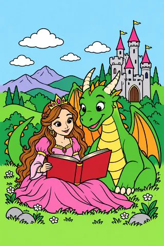 Princess and the Friendly Dragon coloring page, colored in
