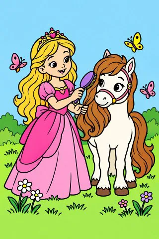 Princess and Her Pony coloring page, colored in