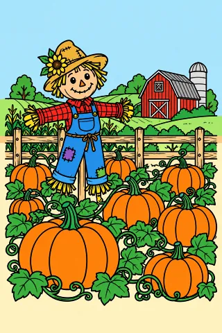 Pumpkin Patch with a Scarecrow coloring page, colored in