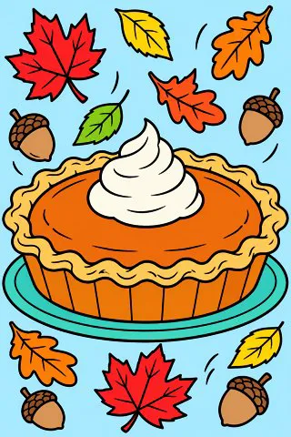 Pumpkin Pie and Autumn Leaves coloring page, colored in