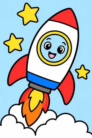 Rocket Ship Blasting Off coloring page, colored in