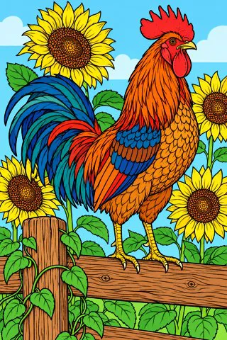 Rooster on the Fence coloring page, colored in