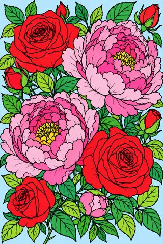 Roses and Peonies coloring page, colored in